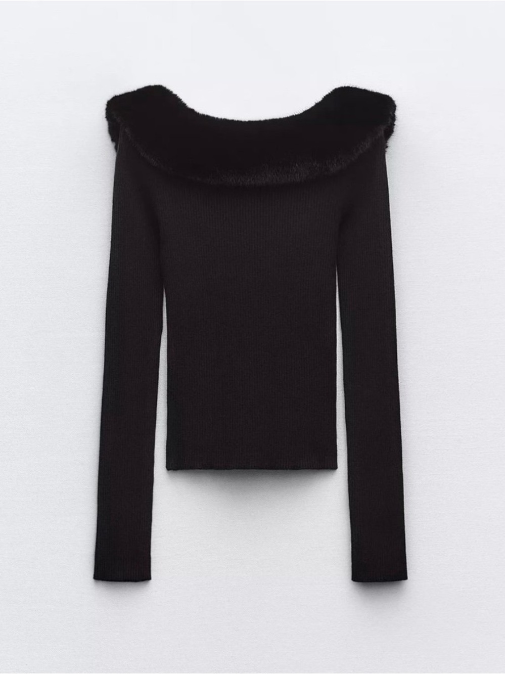Zara Black Off-the-Shoulder Faux-Fur Trim ribbed black Sweater M